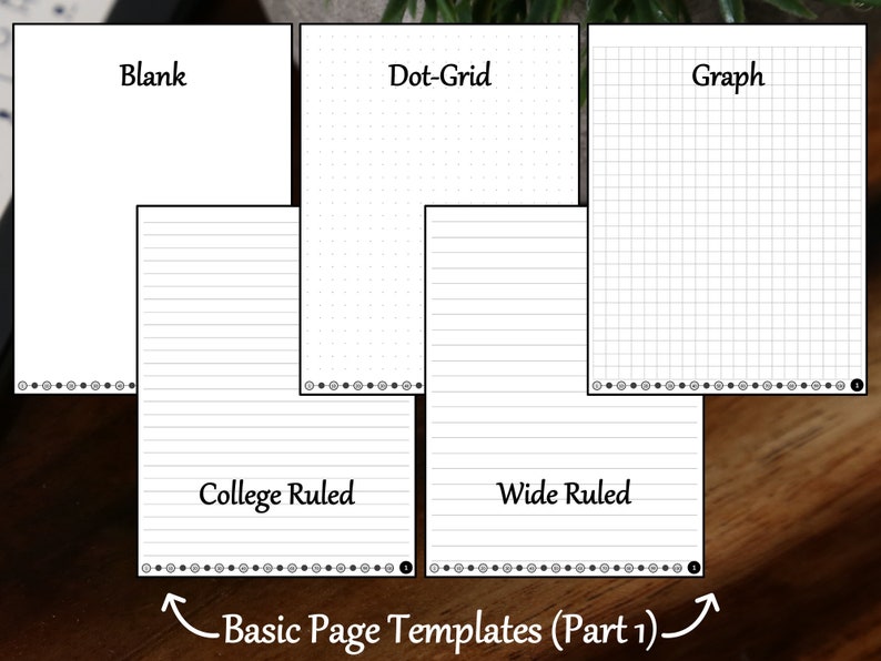May include: Five different page templates for a notebook. The templates include blank, dot grid, graph, college ruled, and wide ruled. The templates are shown on a wooden surface.