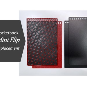 May include: Two Rocketbook Mini Flip replacement notebooks. One is red with a grid pattern and the other is black. Both have a hole punch at the top.