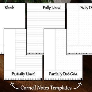 May include: Five different Cornell note-taking templates: blank, fully lined, fully dot-grid, partially lined, and partially dot-grid. Each template is divided into three sections.