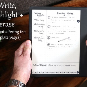 May include: A black and white e-reader with a stylus. The screen displays a meeting agenda and notes with handwritten text. The text includes "Meeting Agenda", "Meeting Notes", "That thing", "That other thing", "That third thing", "That final thing", "Action Items: Follow up w - about".