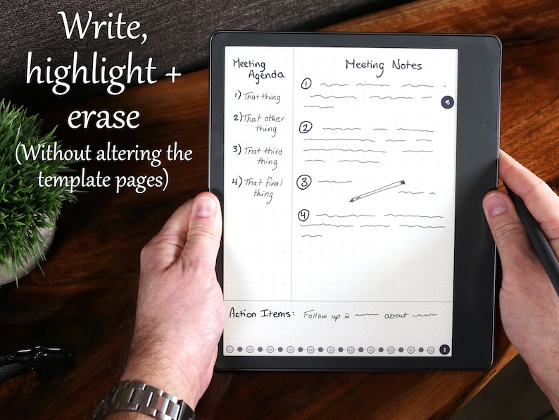 May include: A black and white e-reader with a stylus. The screen displays a meeting agenda and notes with handwritten text. The text includes "Meeting Agenda", "Meeting Notes", "That thing", "That other thing", "That third thing", "That final thing", "Action Items: Follow up w - about".