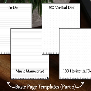 May include: Four different page templates for a notebook. The templates include a to-do list, music manuscript, ISO vertical dot grid, and ISO horizontal dot grid. The templates are labeled with their names.