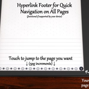 May include: A black and white e-reader with a white screen displaying a dotted grid pattern. The screen also shows the text "Hyperlink Footer for Quick Navigation on All Pages (functional if supported by your device)". Below the text is the phrase "Touch to jump to the page you want &darr;(5pg increments)&darr;" and a row of gray circles with numbers indicating page numbers. The current page number is 1.