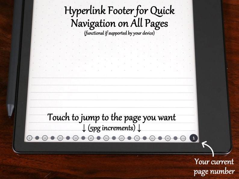 May include: A black and white e-reader with a white screen displaying a dotted grid pattern. The screen also shows the text "Hyperlink Footer for Quick Navigation on All Pages (functional if supported by your device)". Below the text is the phrase "Touch to jump to the page you want &darr;(5pg increments)&darr;" and a row of gray circles with numbers indicating page numbers. The current page number is 1.