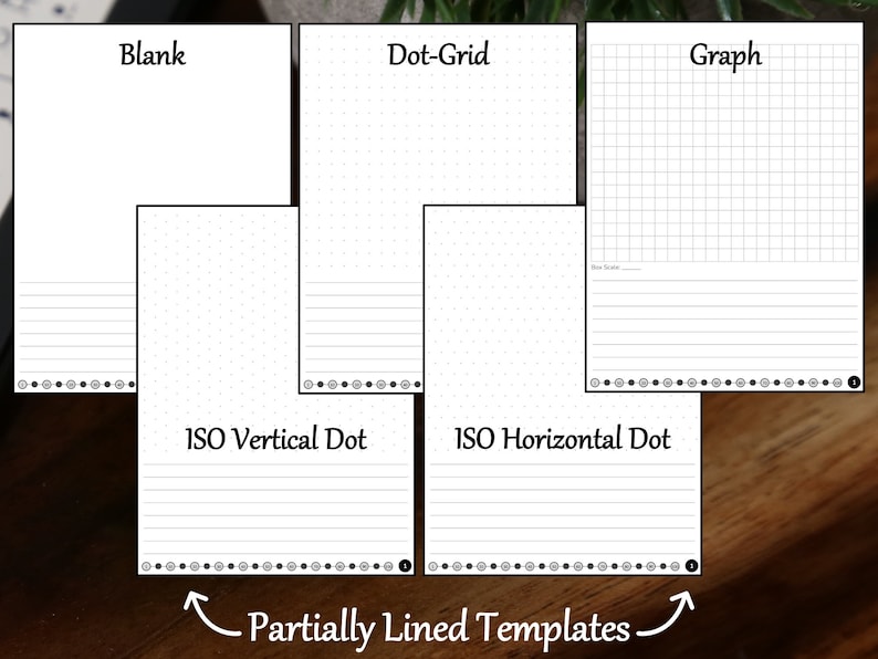 May include: A set of six different notebook templates, including blank, dot grid, graph, ISO vertical dot, ISO horizontal dot, and partially lined. The templates are printed on white paper and are designed for use with pens, pencils, and markers.
