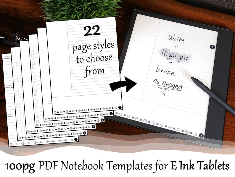 May include: A black and white image showing 22 different page styles for a digital notebook. The image shows a close-up of the notebook pages and a digital tablet with a handwritten note that says "Write + Highlight + Erase As Needed". The text "100pg PDF Notebook Templates for E Ink Tablets" is at the bottom of the image.