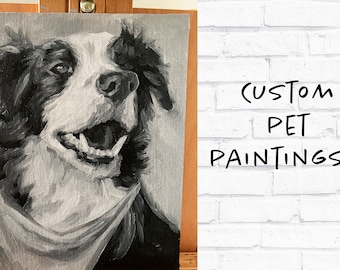 Portraits d'animaux de compagnie peints à la main personnalisés ! Peintures à l'huile en noir et blanc de vos amis à quatre pattes