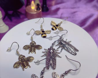 Bug Dangle Earrings - Choose Cicada, Moth, Bumble Bee - Stainless Steel Metal Cute Insect Animal Jewelery