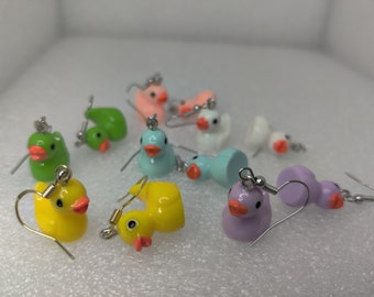 RUBBER DUCK EARRINGS - Colorful cute dangle jewelry adorable figures charms duckie ducky Yellow, purple, green, blue, white, pink bird
