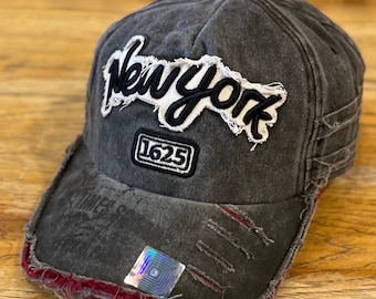 Haftowana czapka baseballowa New York: postarzana czapka dżinsowa