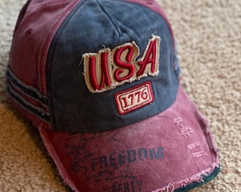 Haftowana czapka baseballowa USA: vintage, zniszczony denim