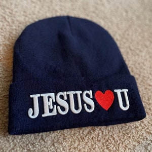 Jesus Loves U Embroidered Beanie, Christian Beanie, Winter hat, Christmas Gift, Faith Based Beanie, Gift For Christians,Christian Accessorie
