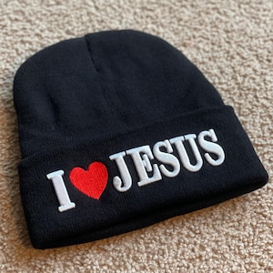I Love Jesus Embroidered Beanie, Christian Beanie, Winter hat, Christmas Gift, Faith Based Beanie, Gift For Christian, Christian Accessories