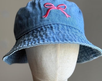 Embroidered Bow Denim Bucket Hat: Coquette Washed-Out Cotton Hat