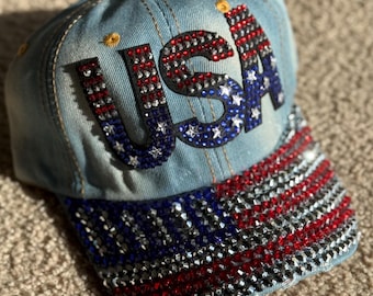 USA Rhinestone Denim Hat: Patriotic American Flag Bling