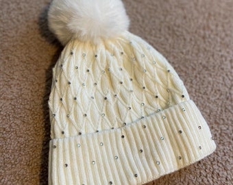 Rhinestone Pom Pom Beanie: Women's Sparkly Cable Knit Hat
