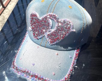 Rhinestone Hearts Denim Hat: Sparkly Bejeweled Cap
