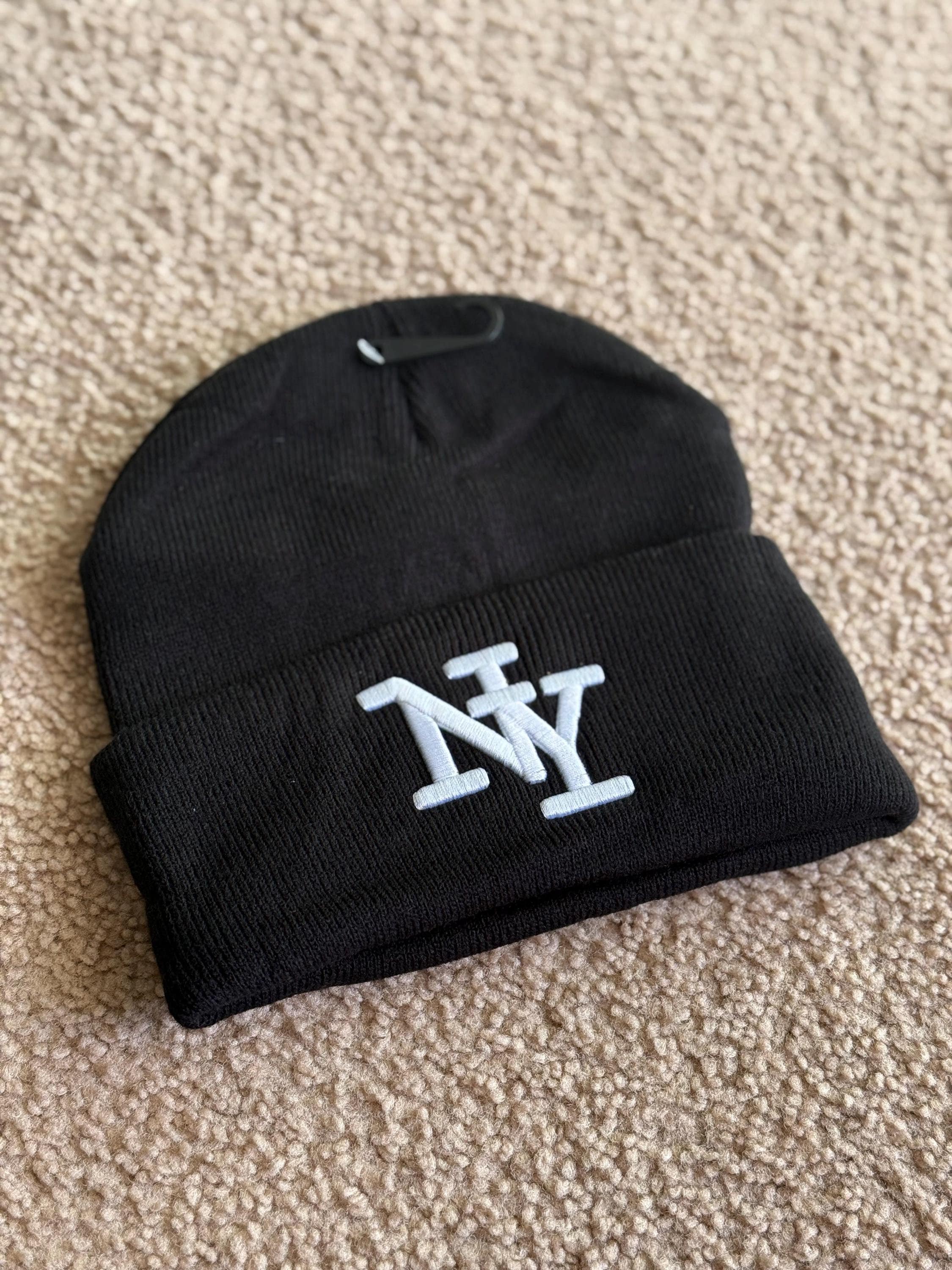 NY Embroidered Beanie: Acrylic Knit Winter Hat - Etsy
