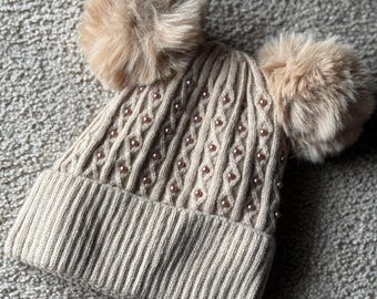 Pearl Embellished Cashmere Blend Beanie With Faux Fur Poms  display picture 2