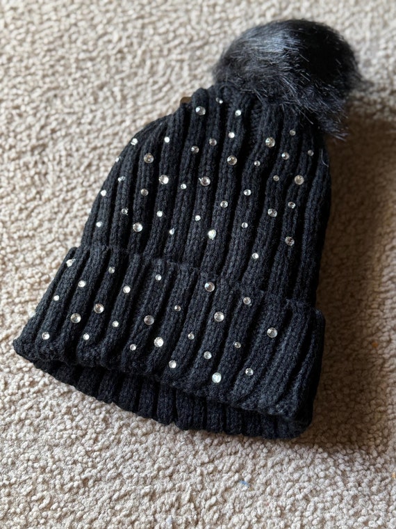 Women's Rhinestone Winter Hat, Sparkly Hat, Bling Hat, Pom Pom Hat