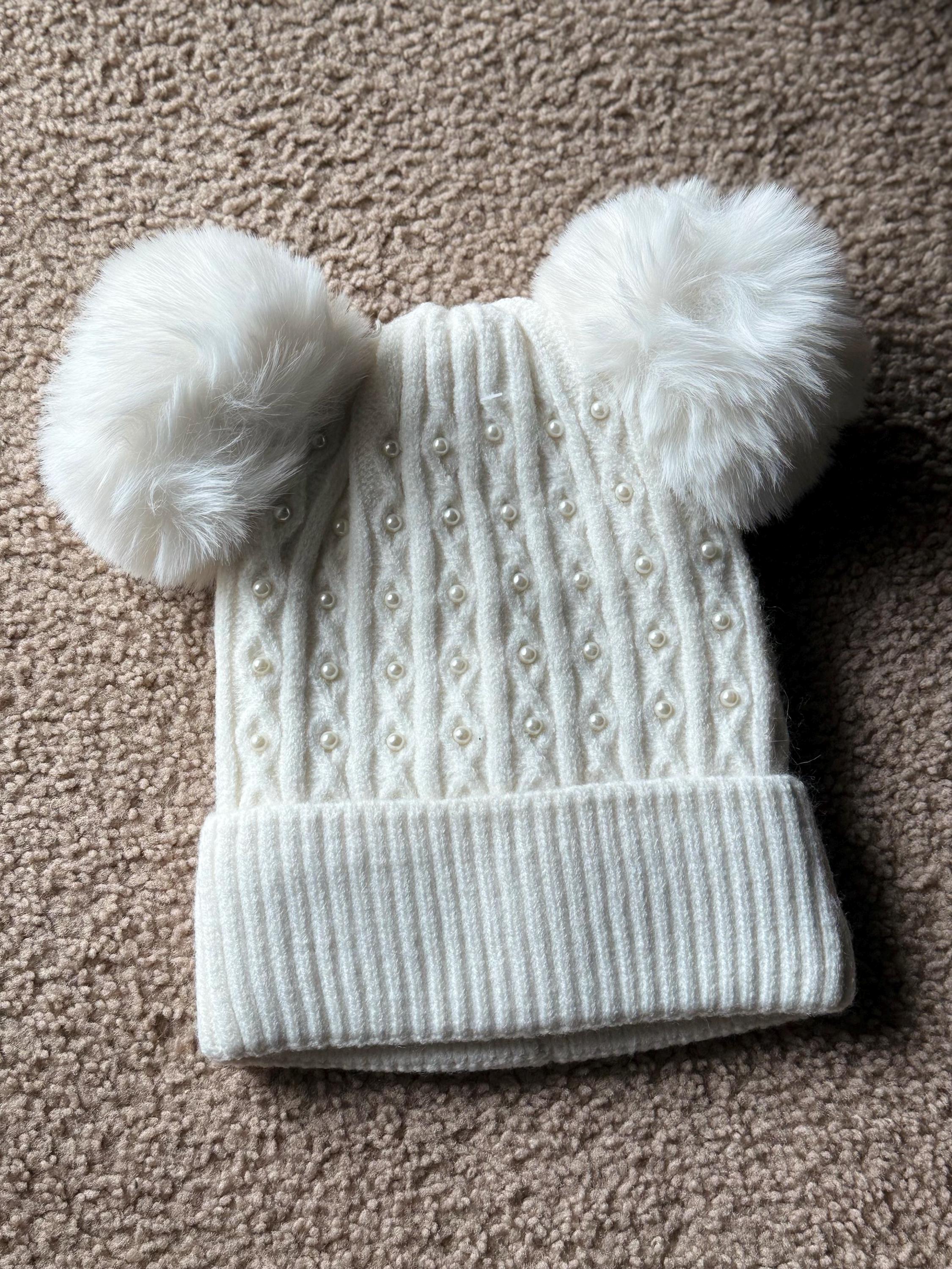 Pearl Embellished Cashmere Blend Beanie With Faux Fur Poms  display picture 3