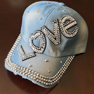 Love Rhinestone Denim Hat: Sparkly Bejeweled Cap