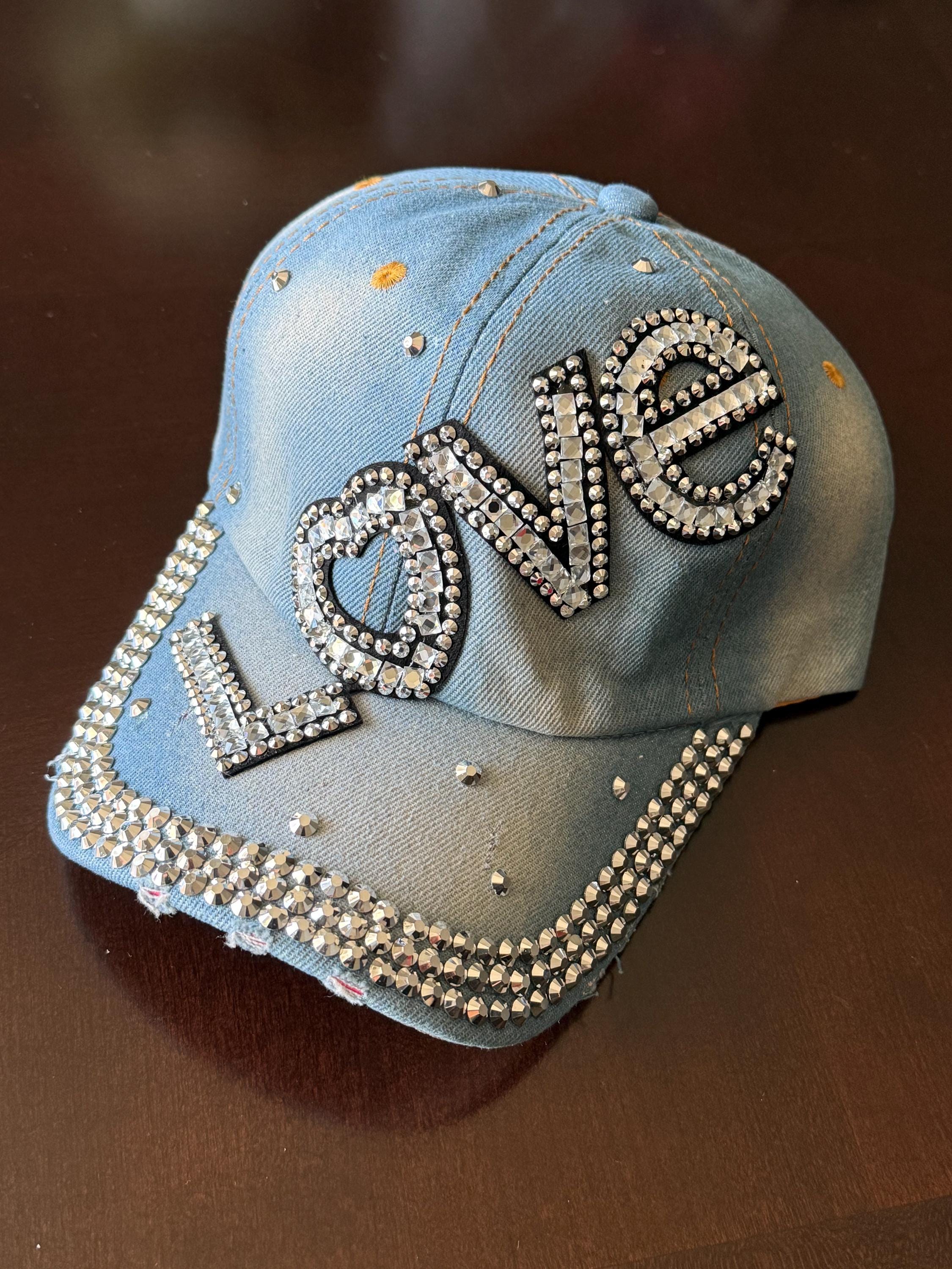 Love Rhinestone Denim Hat: Sparkly Bejeweled Cap