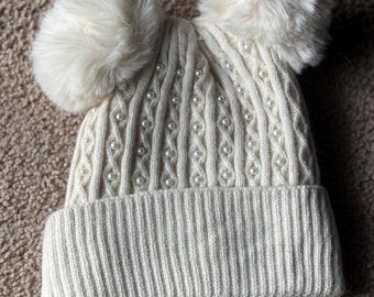 Pearl Embellished Cashmere Blend Beanie With Faux Fur Poms  display picture 1