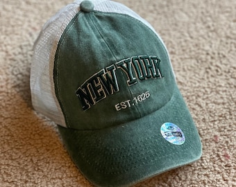 Czapka baseballowa New York z haftem, vintage'owy, zniszczony denim, siateczkowy tył