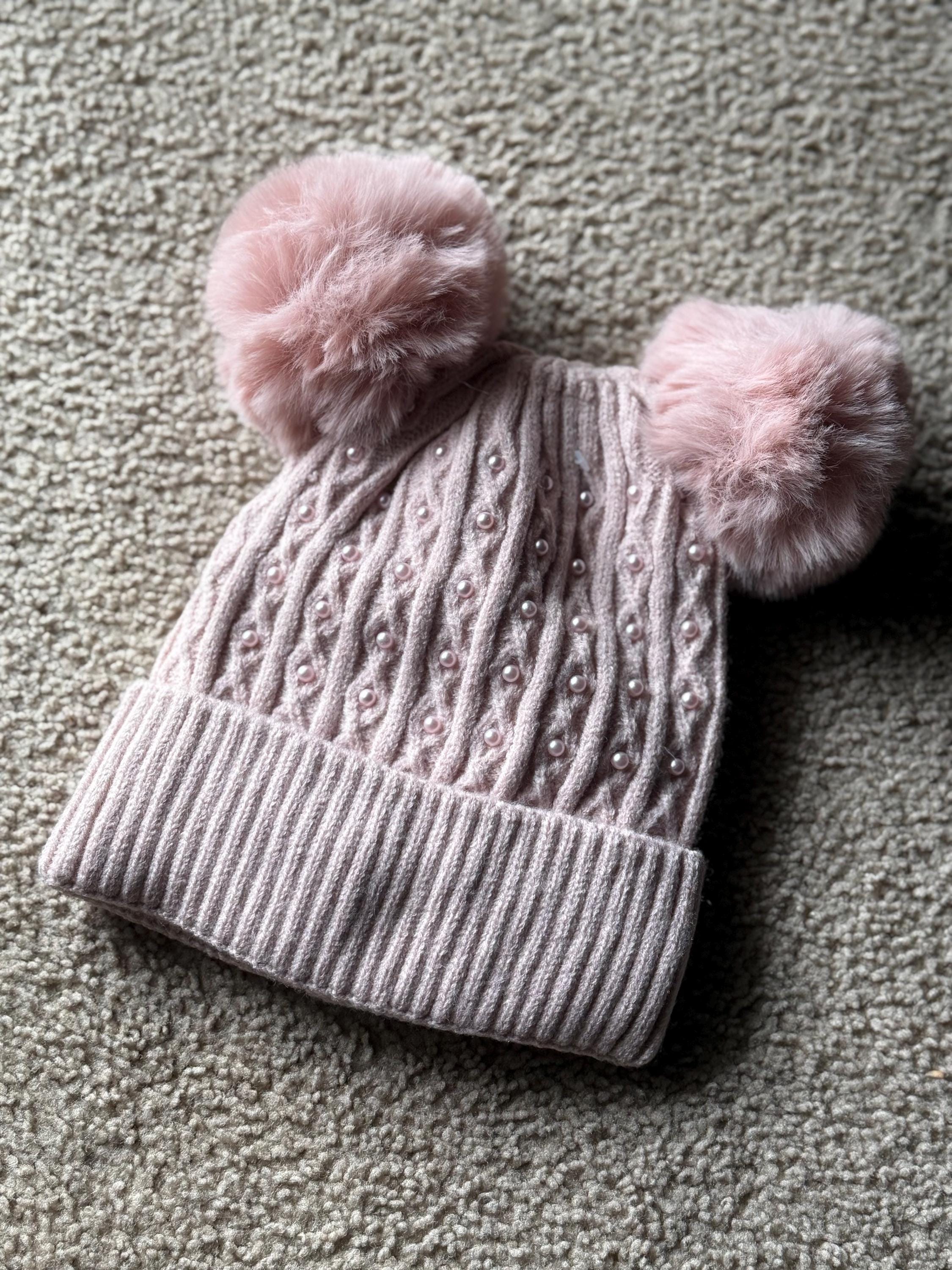 Cabincore | Rose Gold Painted Brushstroke Taupe Gray Winter Knit Hat Fur Pom Pom Taupe Pom Pom Hat - Etsy main image 4
