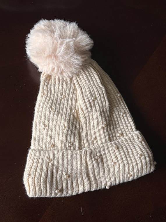 Pearl Embellished Knit Beanie: Women's Winter Pom Pom Hat
