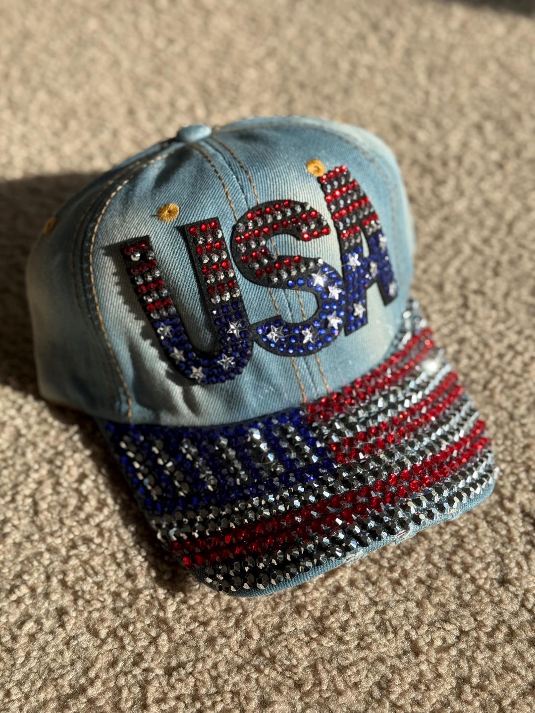 USA Rhinestone Denim Hat: Patriotic American Flag Bling - Etsy display picture 1