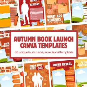 May include: A collection of 35 autumn-themed digital book launch Canva templates featuring warm orange and red tones, fall foliage, pumpkins, and placeholders for book covers, quotes, and promotional text for social media marketing campaigns.