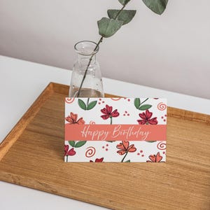 Pacote de cartões de felicitações de feliz aniversário com estampa floral vermelha e pêssego, desenhados à mão, em branco, com bônus incluso