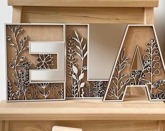 Floral Nursery Letters - Nature Name Sign - Layered Letters - Floral Wooden Alphabet Letters - Wall art decor for Nursery, Living room