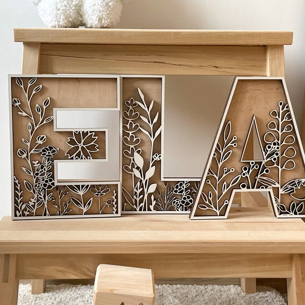 Floral Nursery Letters - Nature Name Sign - Layered Letters - Floral Wooden Alphabet Letters - Wall art decor for Nursery, Living room