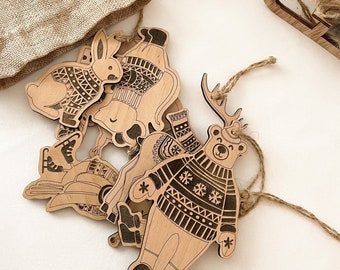 Woodland Animal Christmas Ornaments: Birch Wood Set of 7