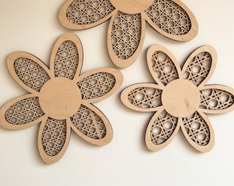 Rattan Daisy Wall Decor – Set of 3 Wooden Flower Nursery Art