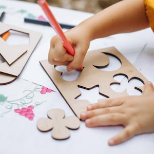 Montessori Stencil set - 3 pcs Wooden Stencil Geometric shapes - Preschool Toddler Homeschool Classroom - Waldorf tool