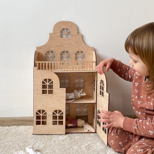 Handcrafted Wooden Dollhouse with Doors: Boho Play & Display Shelf