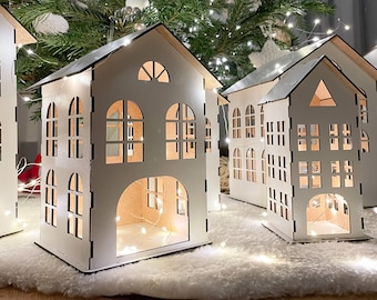 White Christmas Village House - Rustic Christmas - Holiday Decor - Christmas Candle Holders