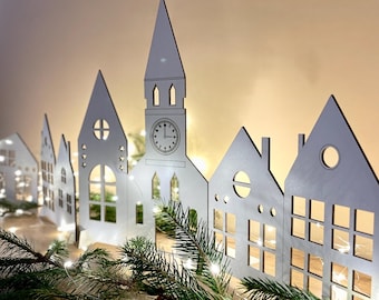 White Christmas Village Scene with Church, Wooden Winter Decor Set, Holiday Houses with Mini Stands, Christmas Window Display & Mantel Decor