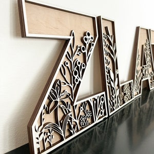 Floral Nursery Name Sign: Layered Wooden Letters, Wall Decor