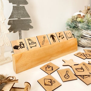 Rutina diaria de mañana/noche con estante - Tarjetas de vida Montessori para niños pequeños - Tarjeta de rutina de madera para niños pequeños - Horario visual para niños