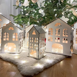 Christmas village mantel set - White Christmas Tree Decoration House with LED lights - Xmas village set - Christmas Candle Holders