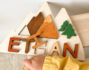 Mountain Custom Name Puzzle - Woodland Toddler Name Board – Toys Nursery Handmade Decor - Personalised Gift for Birthday - Christmas gift