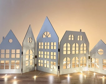 Christmas scene village - Wooden screen houses - Christmas village mantel screen - White Christmas Tree Decoration