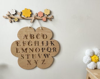 Rustic Floral Coat Rack: Wooden Nursery Decor, Wall-Mounted Flower Hooks