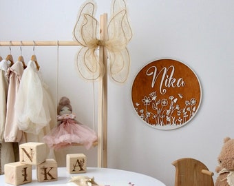 Nursery Name Sign - Custom Baby Shower Gift, Round Wood Decor, 3D Lettering with Floral Elegance