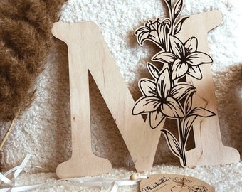 Laser Engraved Nursery Letter with Lilies - The Perfect Boho Chic Wall Letter for a Girl's Nursery & Birthday Gift